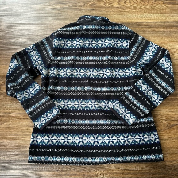 Womens Medium Eddie Bauer Navy Fair Isle Fleece Pullover Snap Buttons Pockets - Picture 8 of 10